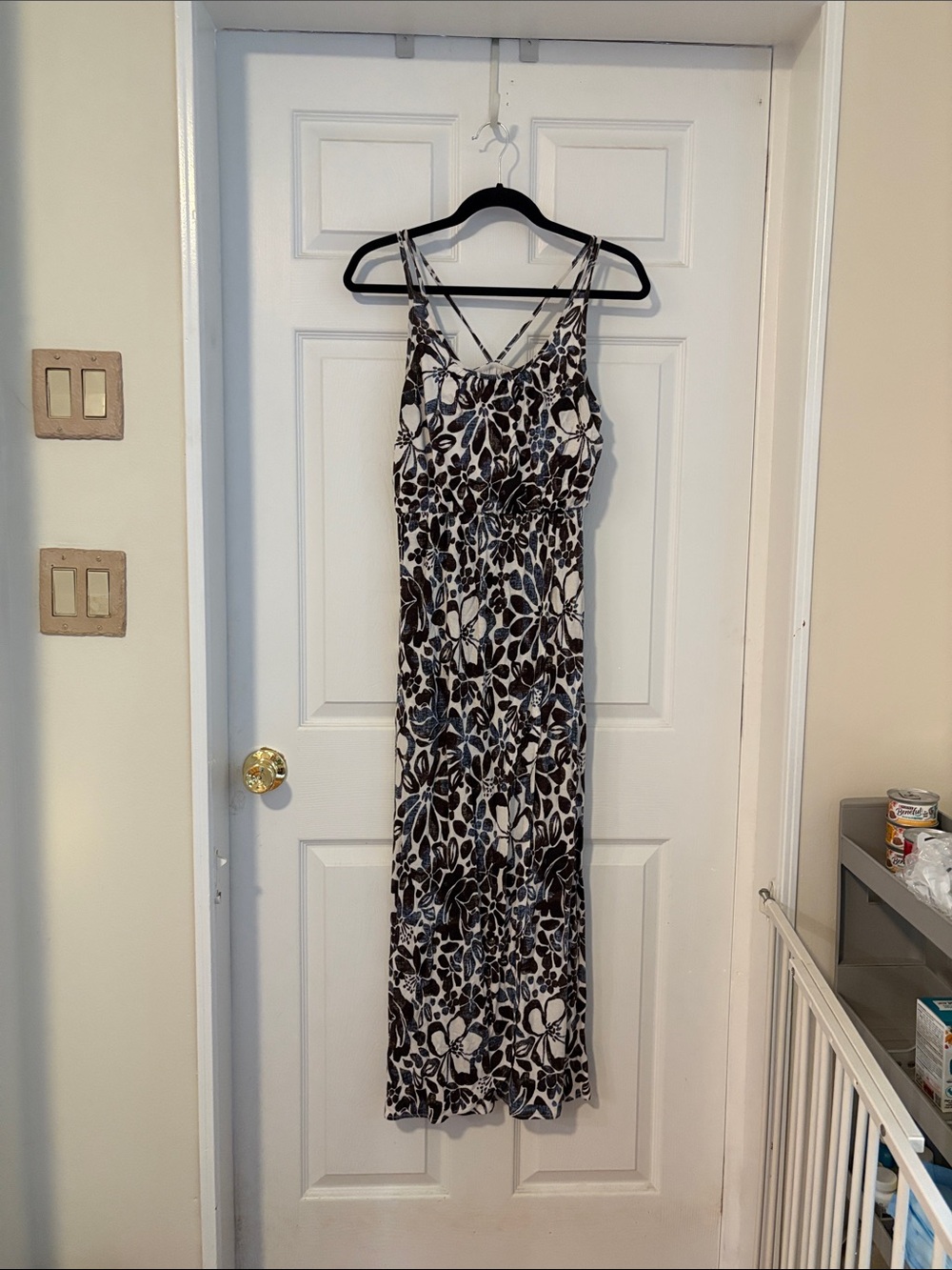 LOFT Black and White Floral Maxi Dress with Crisscross Straps